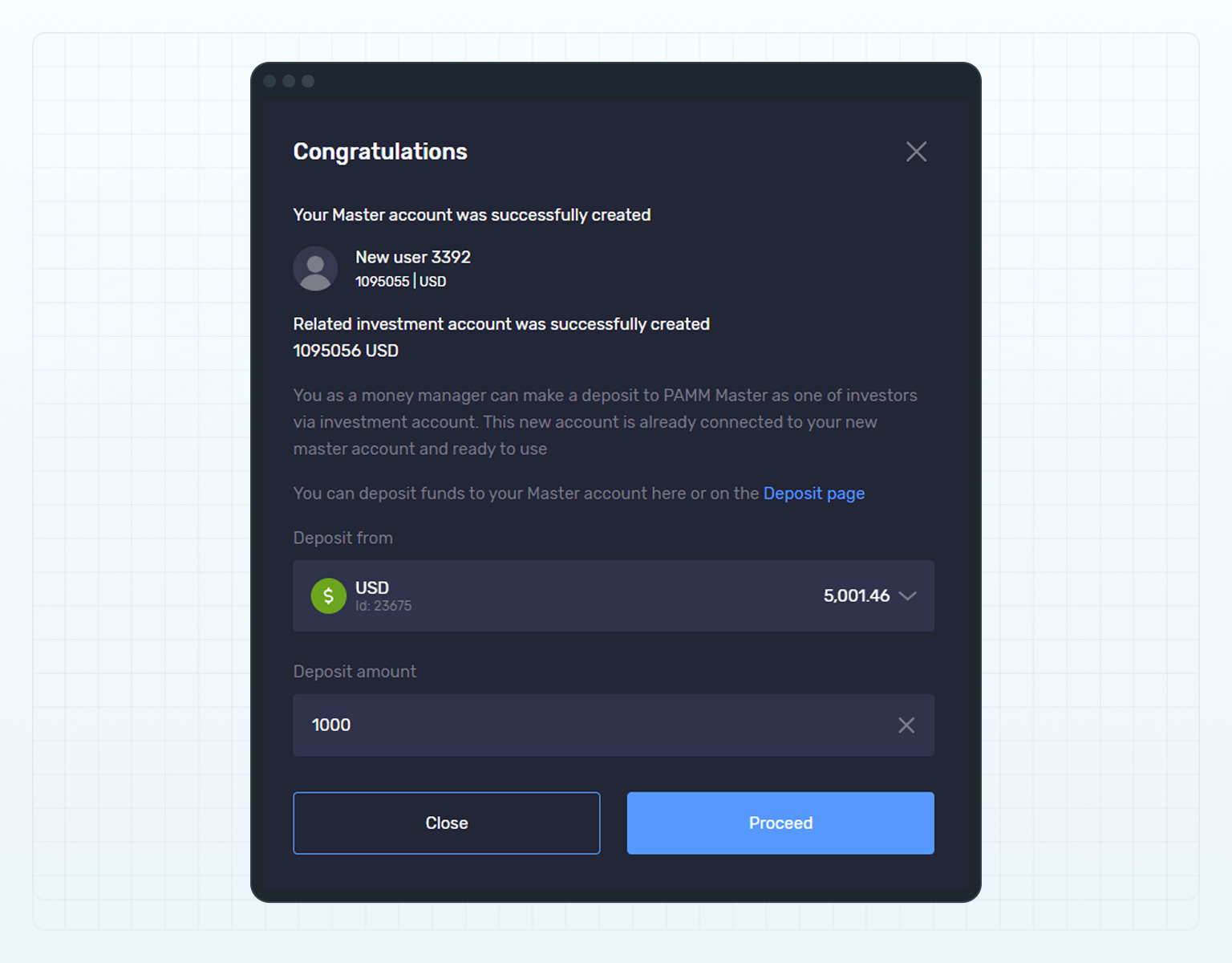 Deposit funds to a related PAMM investment account