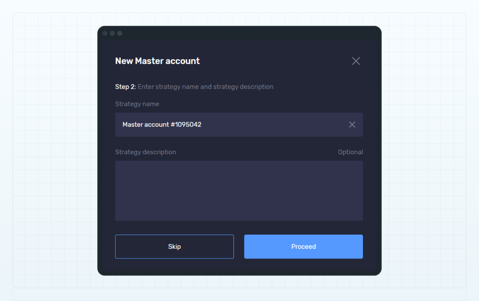Create a new master account, step 2