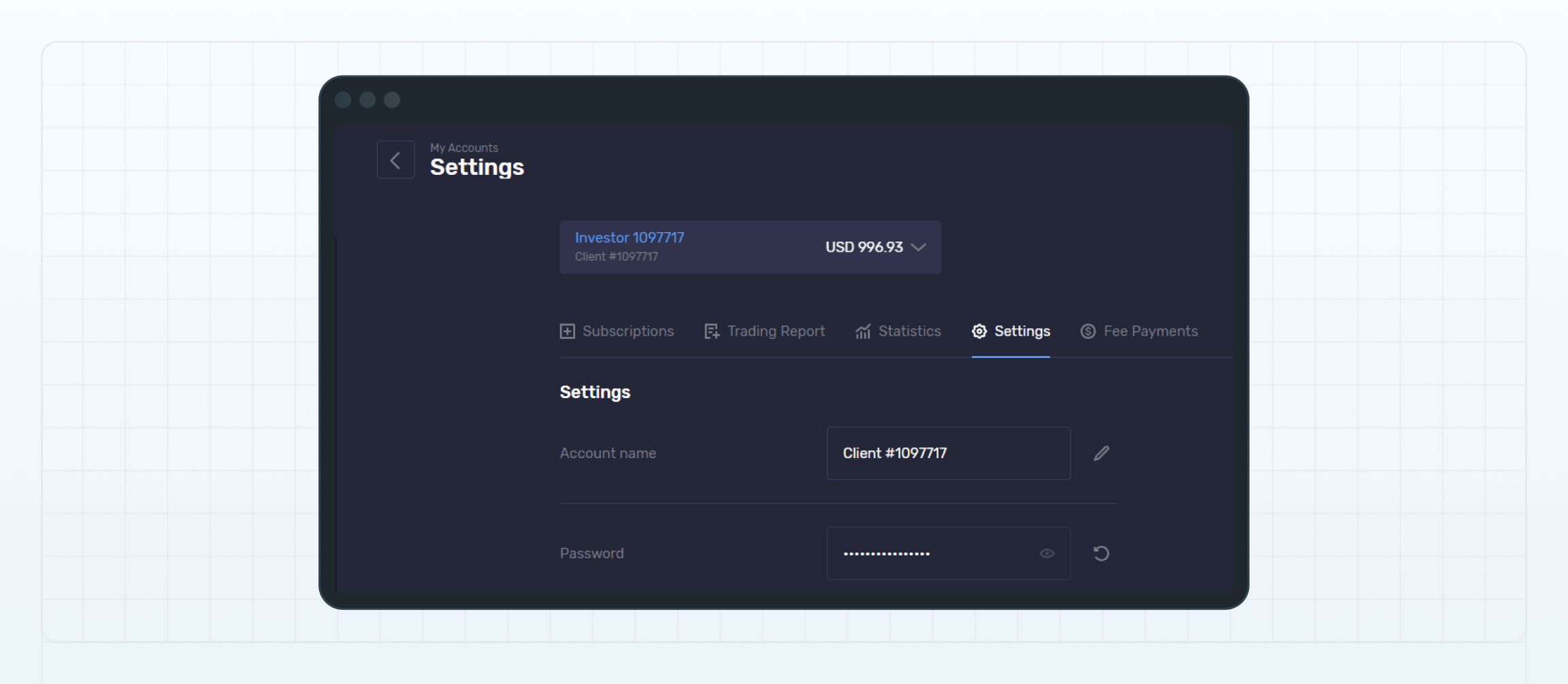 Settings page of an investment account