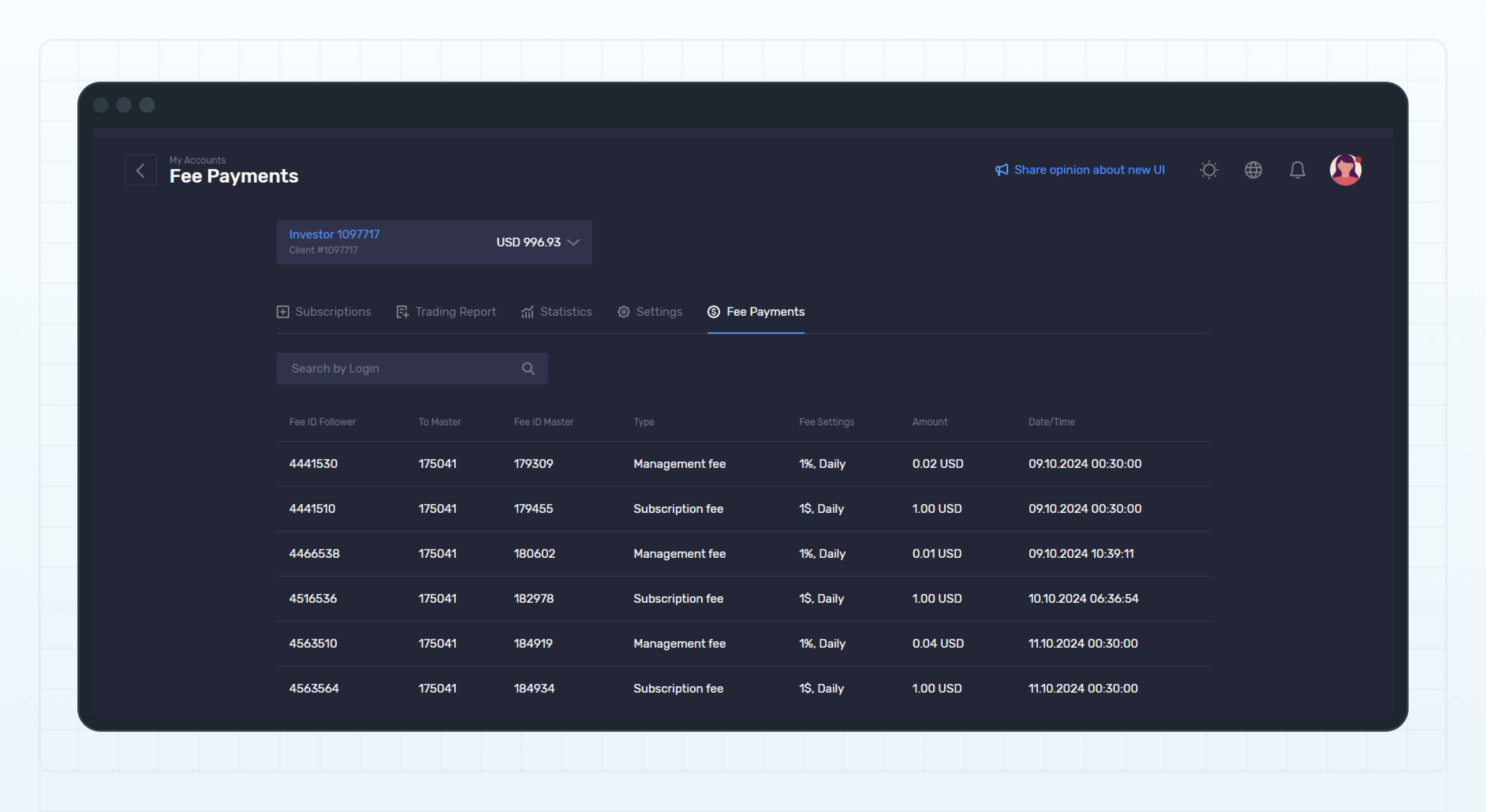 Fee Payments page of an investment account