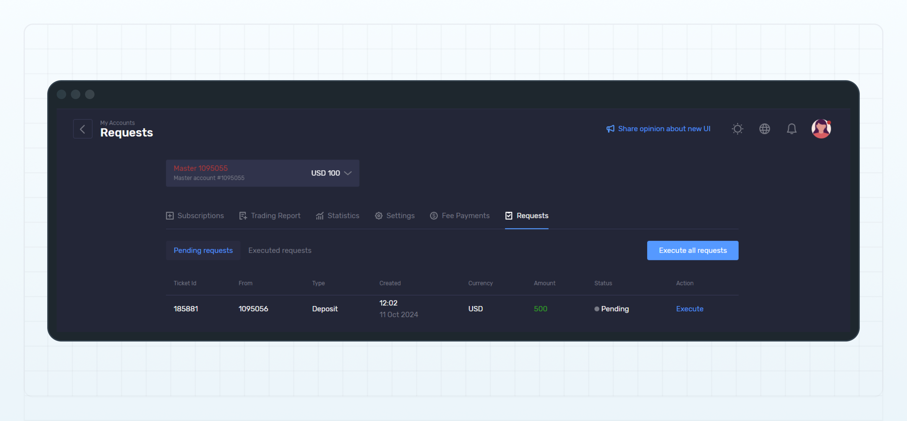 Requests page of a master account