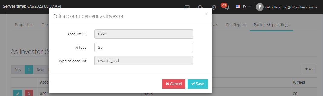 Edit account percent as investor