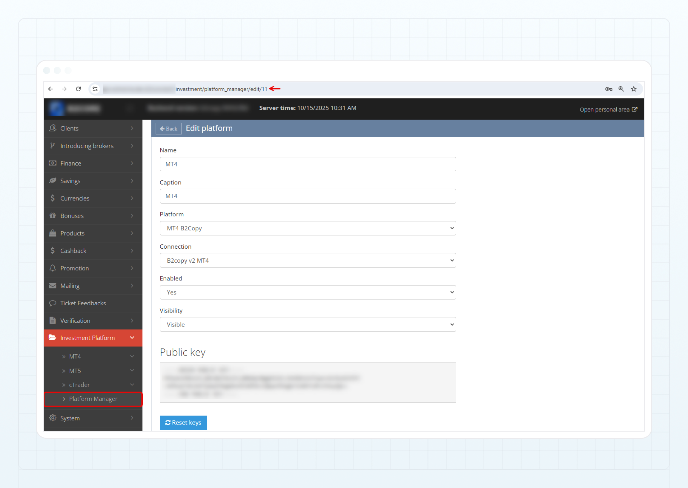 The investment platform ID in the URL
