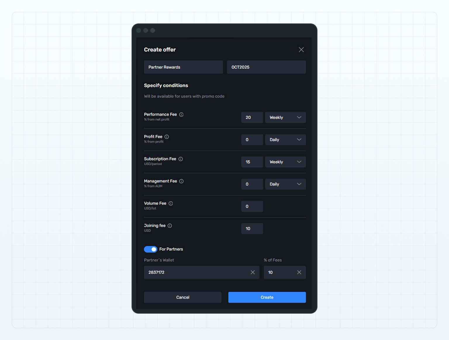 Add a promo offer sharing fees with a partner