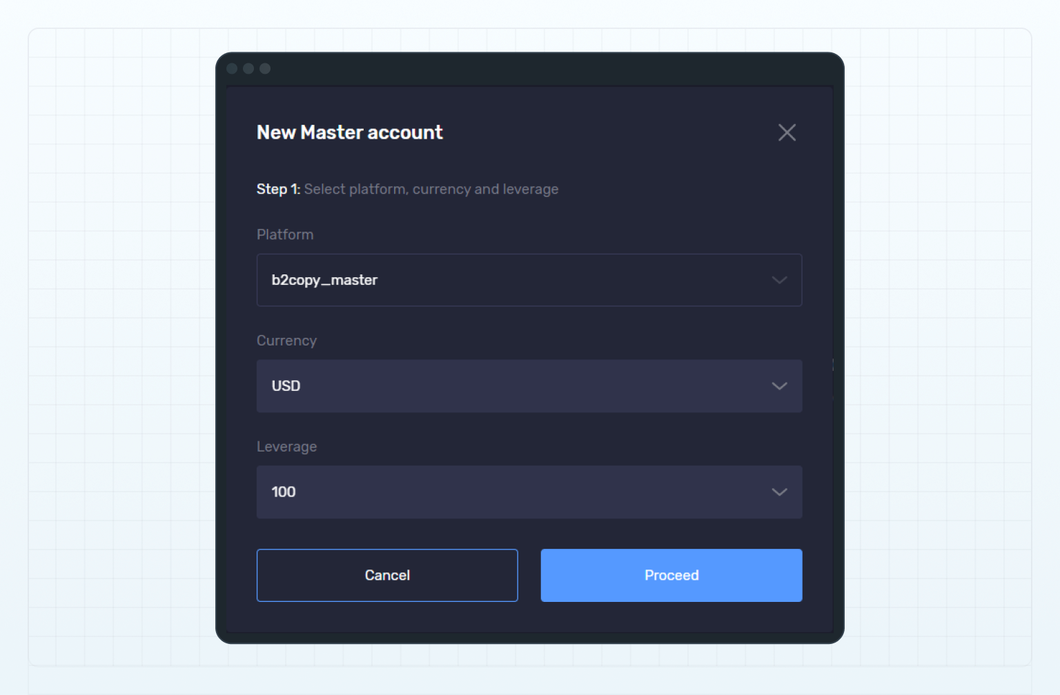 Create a new master account, step 1
