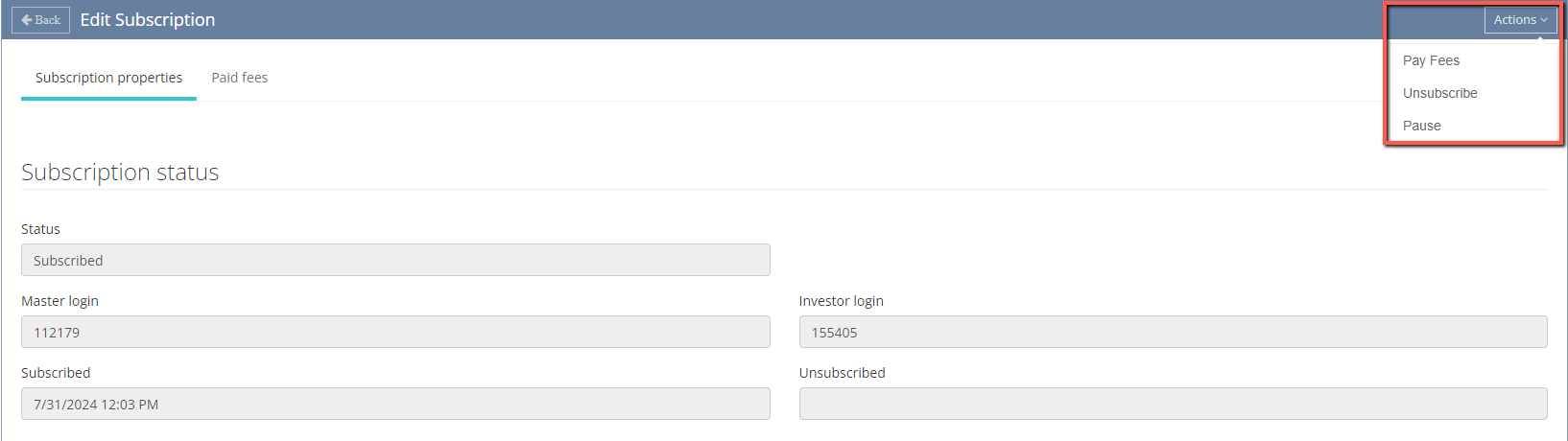 The Actions button on the Edit Subscription page