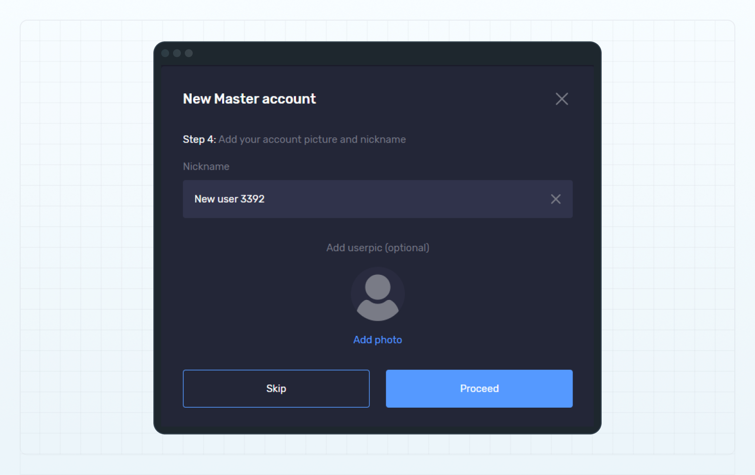 Create a new master account, step 4