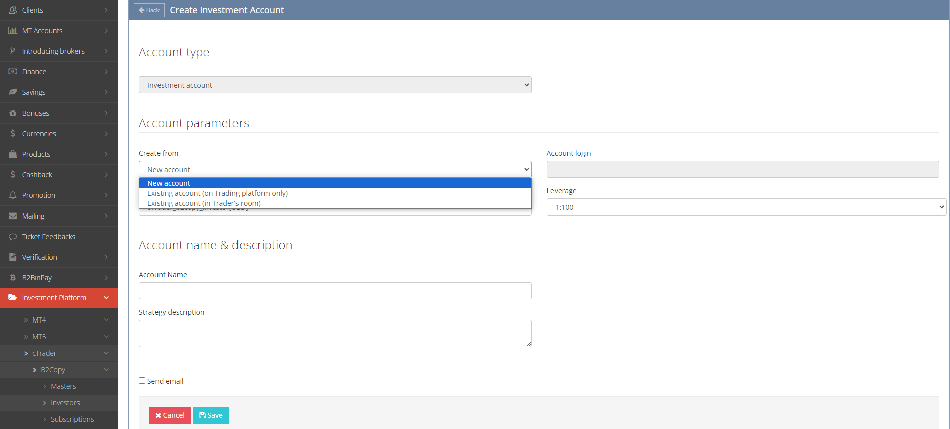 Select parameters when creating an investment account