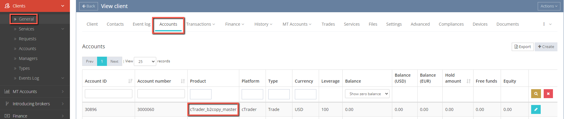 The master account created in client details