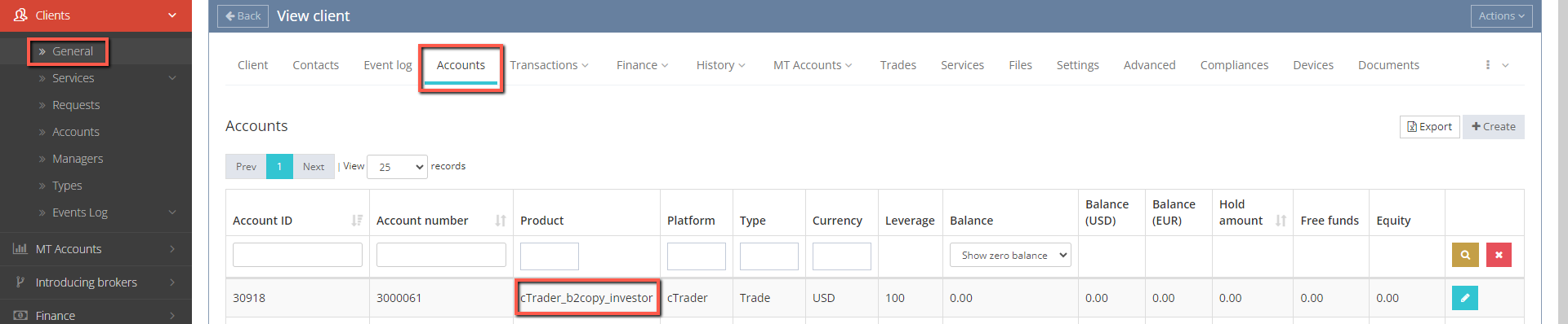 The investment account created in client details