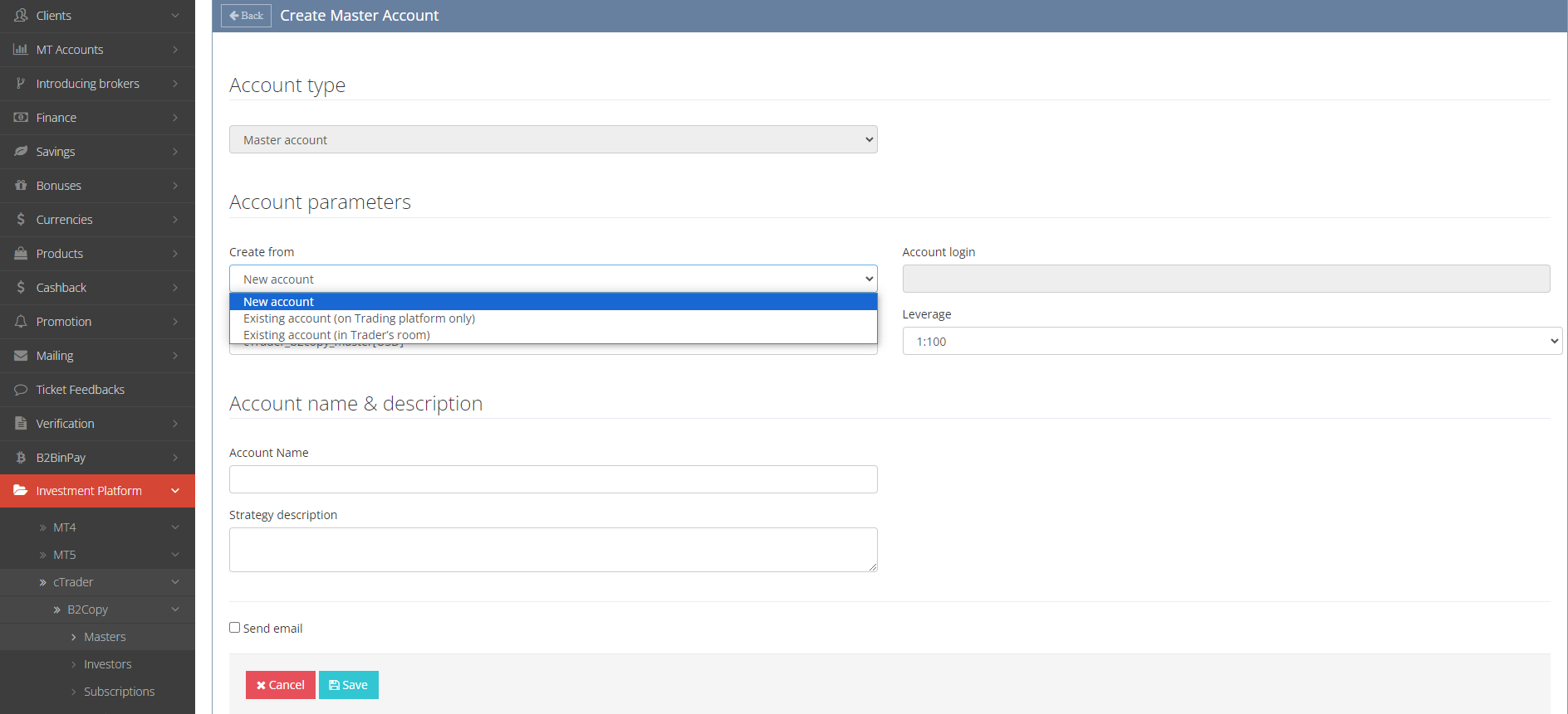 Select master account parameters