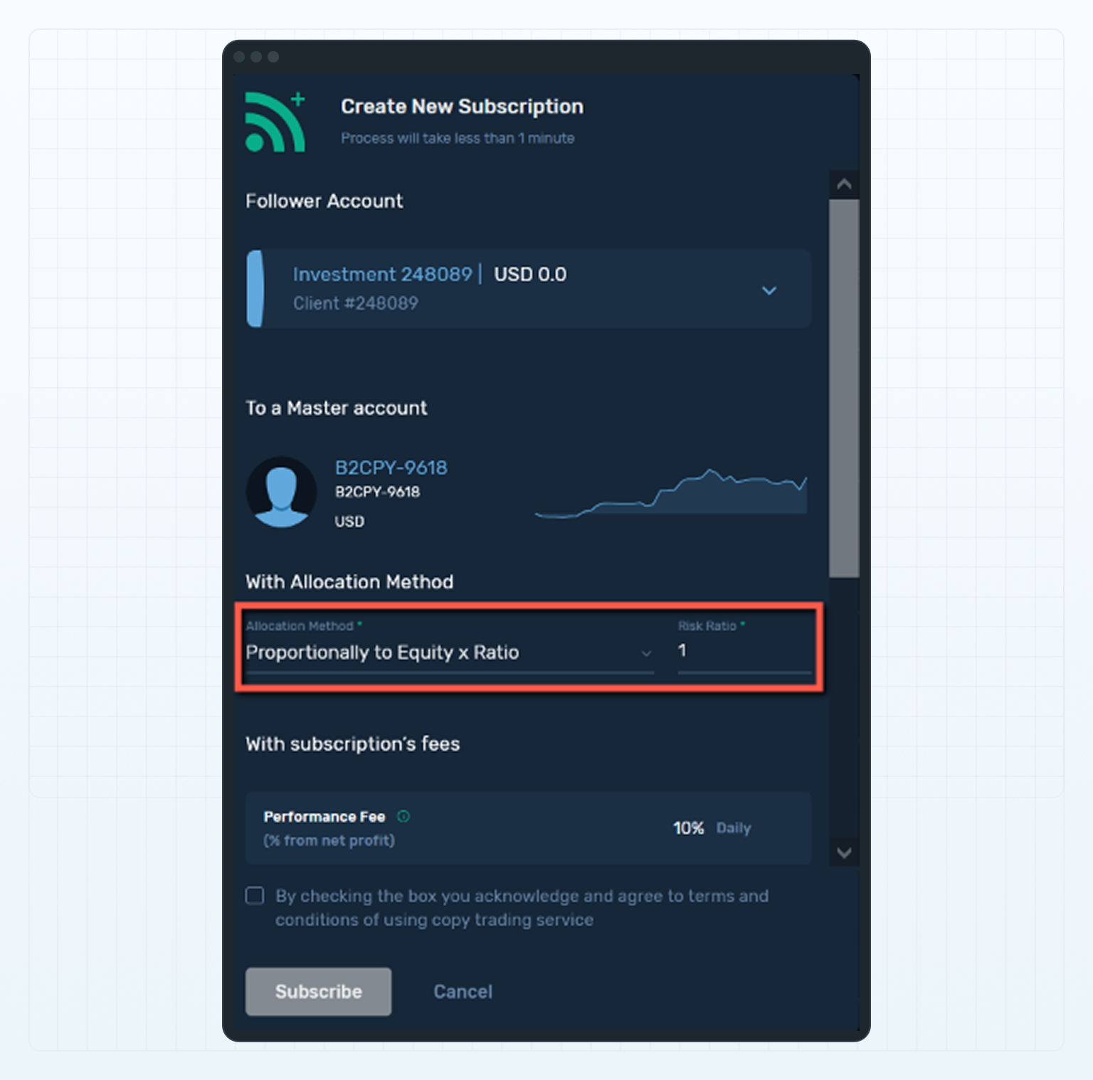 Create new subscription  popup