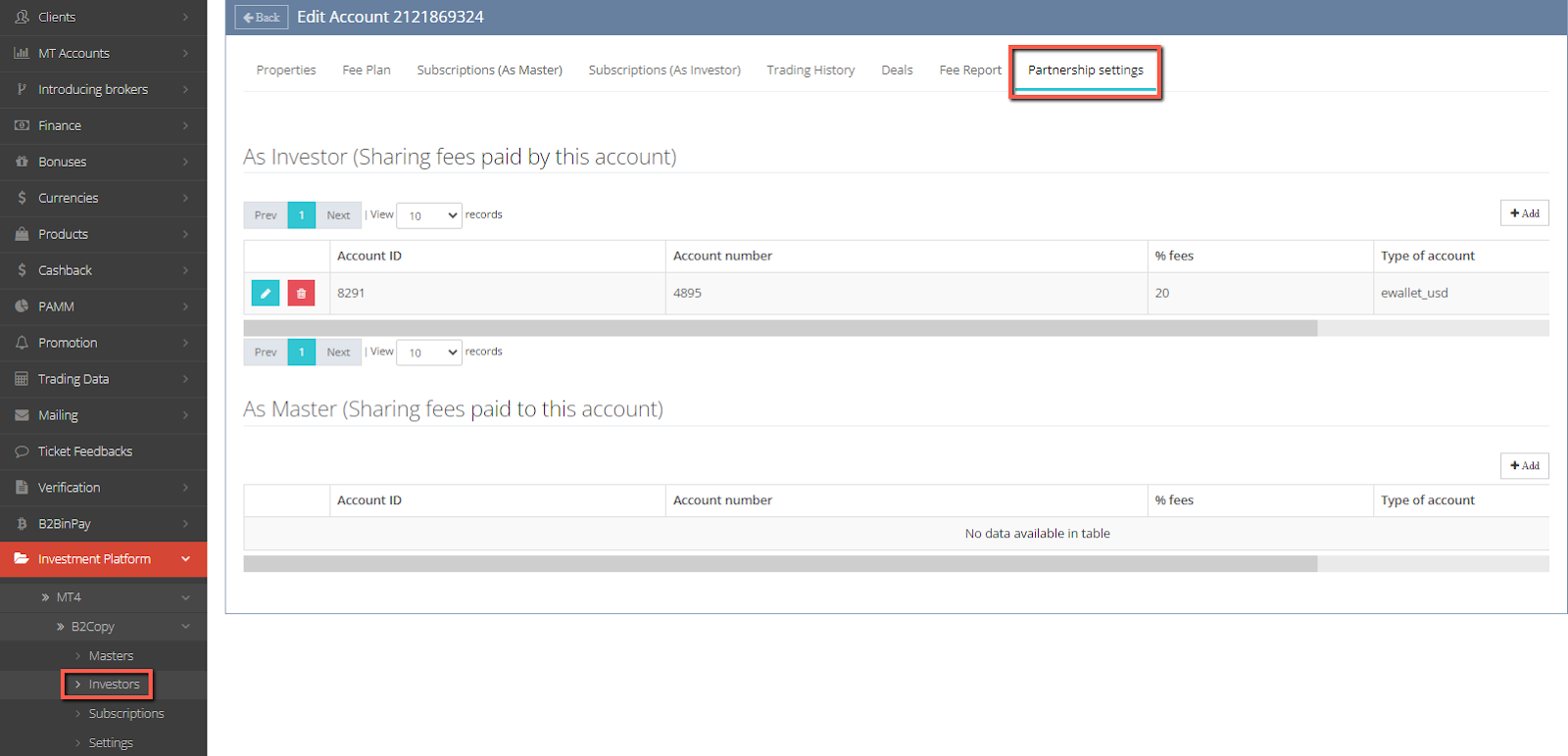 Partnership settings tab of an investment account