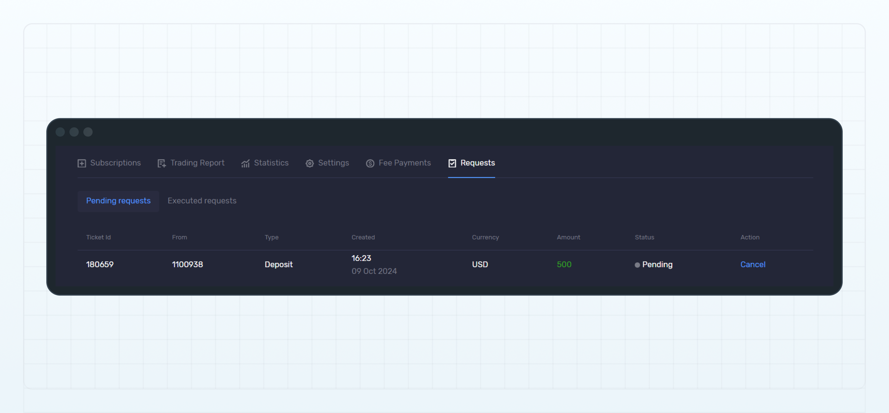 Requests page of an investment account