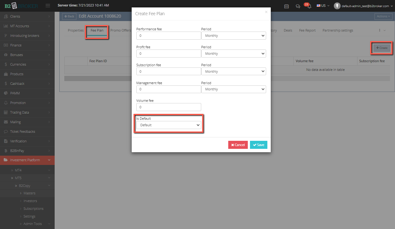 Create the default fee plan