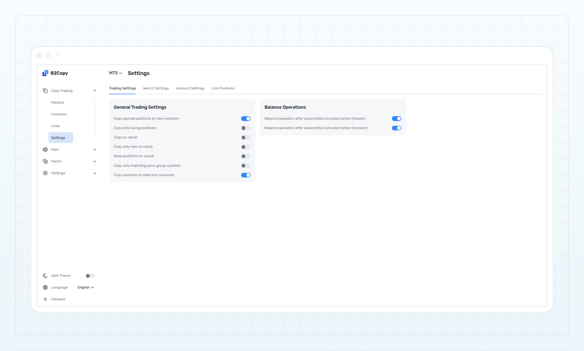 Settings menu under Copy Trading