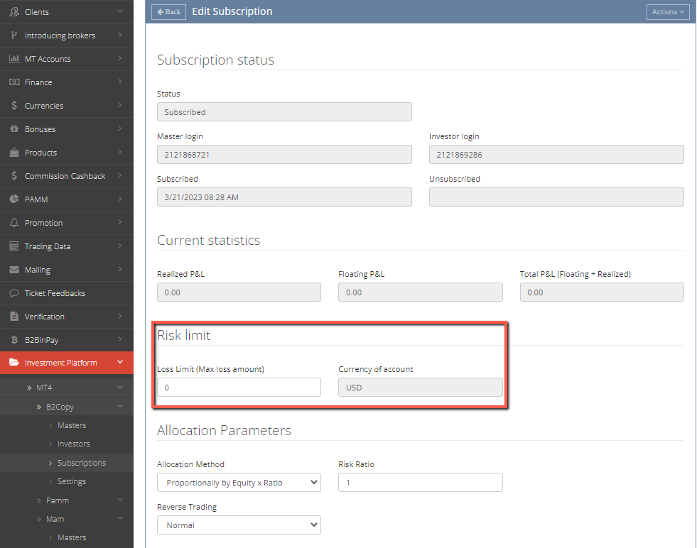 Assign a risk limit to a subscription