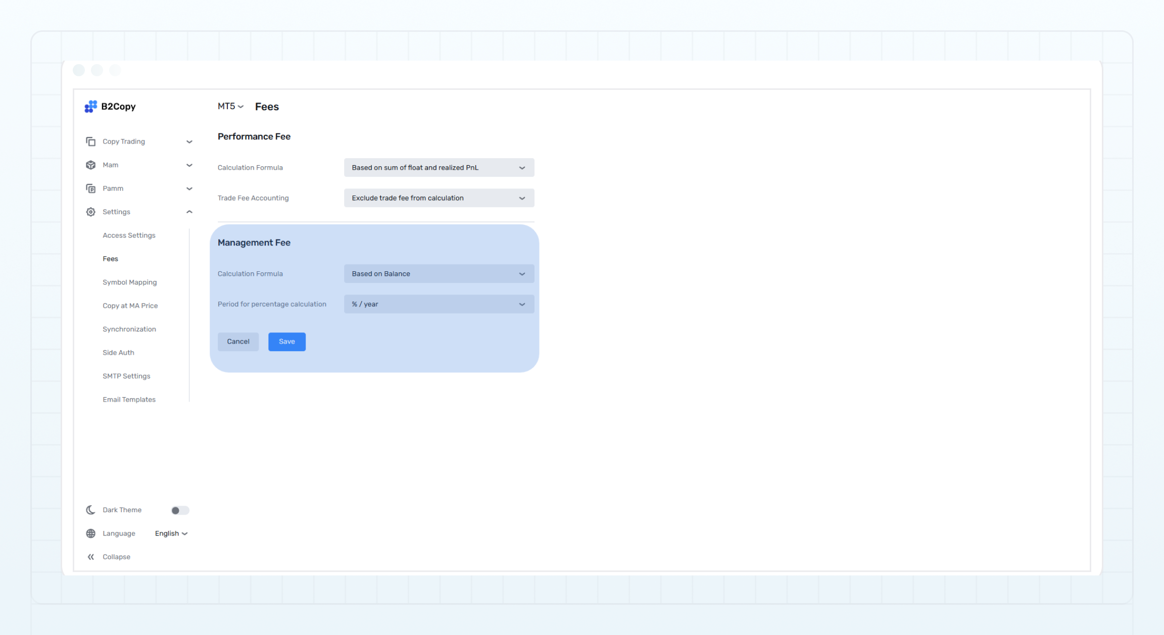 Management fee calculation settings